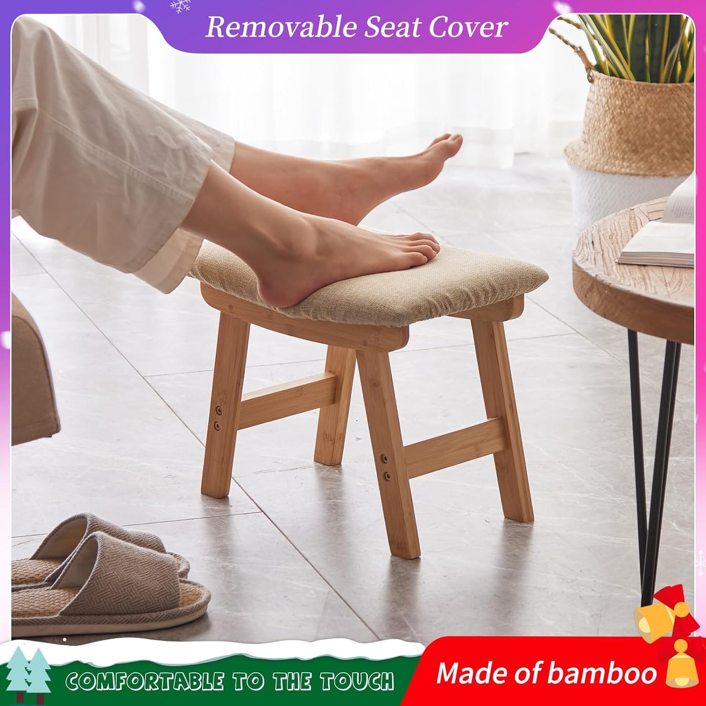 Foot Stool,Ottoman,Bamboo Small Sofa Foot Rest Under Desk,Extra Seating for Living Room, Bedroom and Kitchen (Natural Stool Legs - Beige Surface)