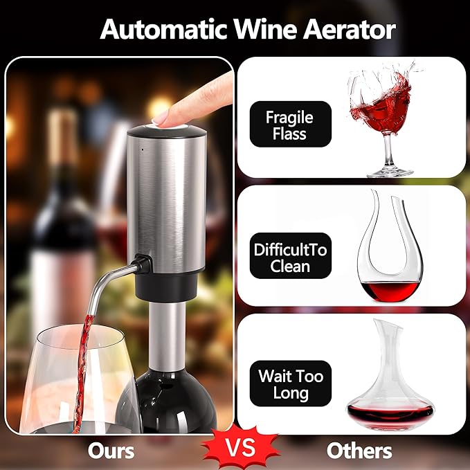 Electric Wine Aerator Wine Decanter Set Rechargeable Automatic Wine Dispenser Wine Pourer with Storage Base, Wine Stopper, Foil Cutter, Retractable Food Grade Stainless Steel Straw