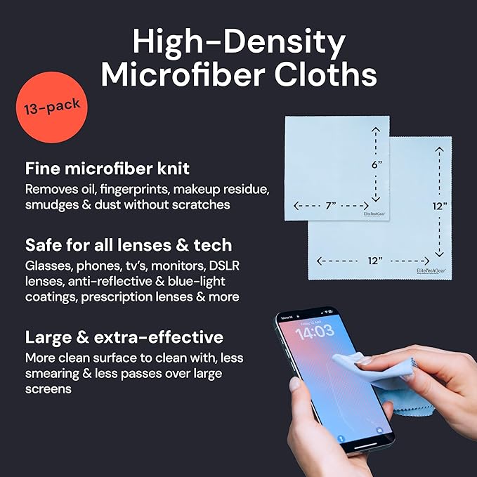 Elite Screens Oversized Microfiber Cleaning Cloth Set - 13-Pack, Blue, 6" x 7" & 12" x 12" - Smudge-Free Lens Cleaning Cloths for Eyeglasses - Reusable Microfiber Glasses Wipes