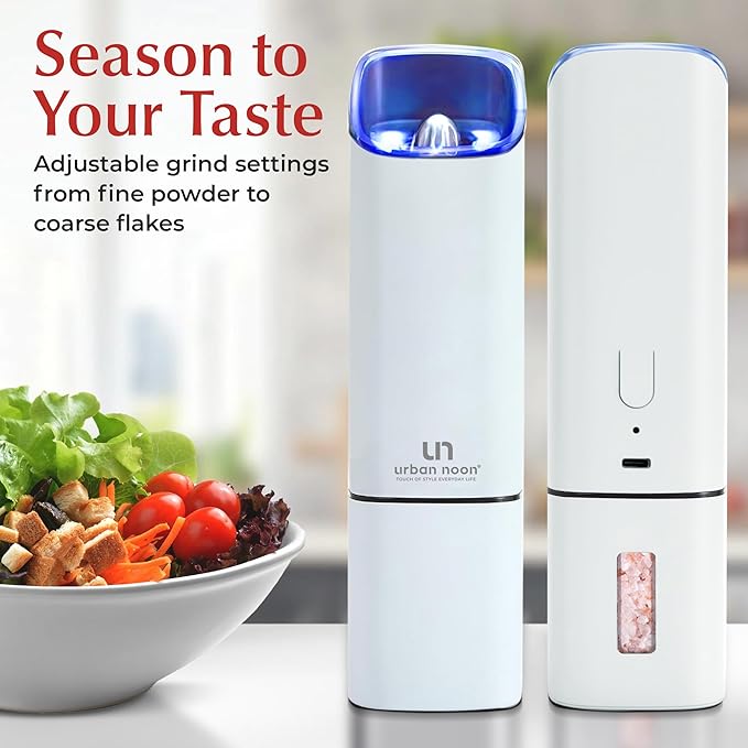 Automatic Salt and Pepper Grinder Set - Rechargeable Electric Salt and Pepper Shakers with Adjustable Coarseness, LED Light, One-Handed Use, Gravity Salt Grinder and Electric Pepper Mill