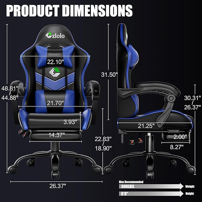 Gaming Chair with Footrest Racing Style Lumbar Support Massager Video Game Chair with Metal Legs, High Back Gamer Chair with Headrest, 360° Swivel Office Computer Desk Chair, Bright Blue