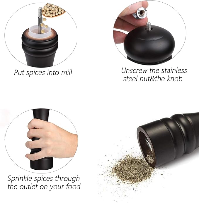 Pepper Mill Black Pepper Grinder Mill Wood Refillable Stainless Steel Mechanism Adjustable Coarseness