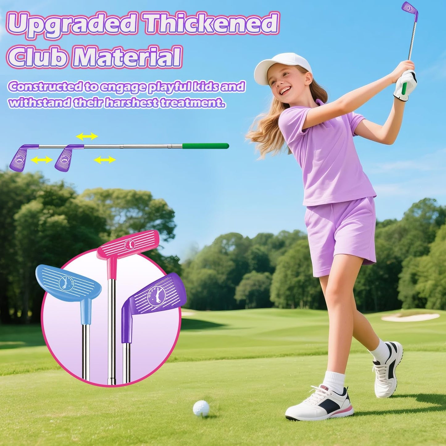 Kids Toy Golf Set with Dinosaur Automatic Golf Returner, Led Light Up Night Golf Balls, 3 Clubs, Putting Mat, 3-8 Toddler Mini Golf Games, Indoor Outdoor Sports Toys for Boys Girls (Pink)
