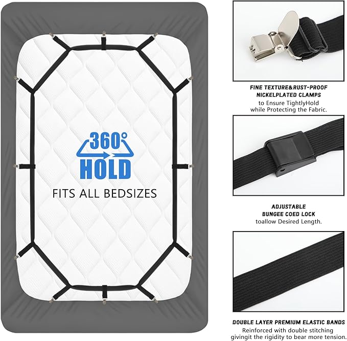 2 Pcs Adjustable Bed Sheet Fasteners 360 Degree Elastic Sheet Holder Straps Heavy Duty Suspenders Grippers for Full, Queen, King Twin Bed, Fits All Mattress Sizes