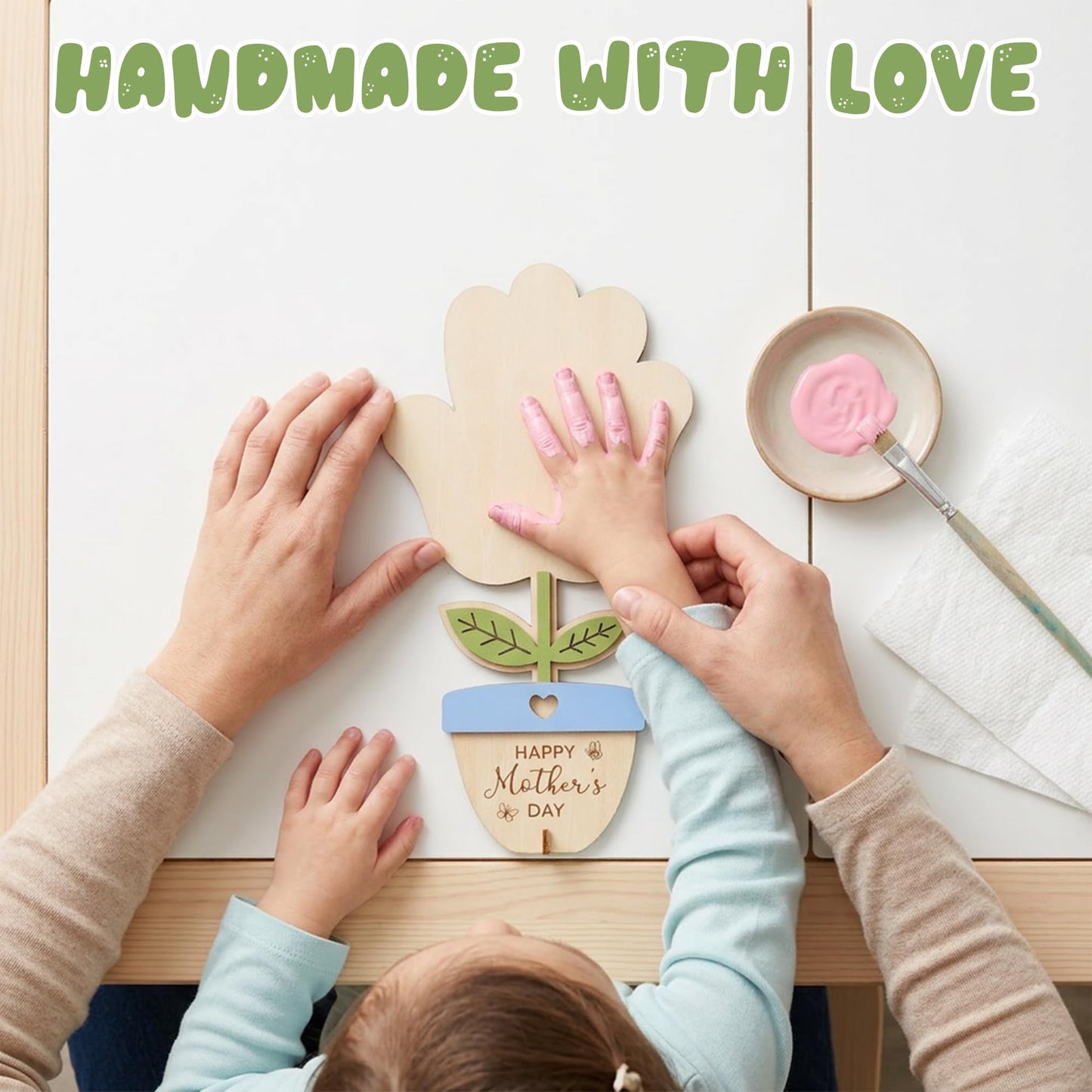 HYPERI DIY Mothers Day Crafts for Kids Handprint Art, Handprints Wooden Rose Flower Bouquet, Mothers Day Gifts for Mom from Kids, for Grandma from Grandkids, Mothers Day Keepsake Craft (Pot)