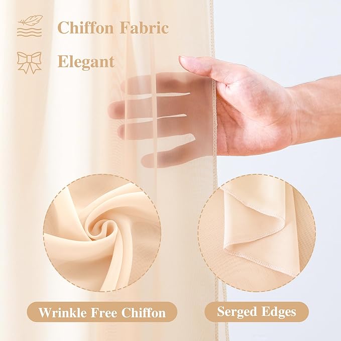 Wedding Arch Draping Fabric, 2 Panels 18FT Champagne Sheer Backdrop Curtain Chiffon Fabric Drapery Voile Scarf Draping Panels for Wedding Archway Ceremony Curtain Valance Party Decoration