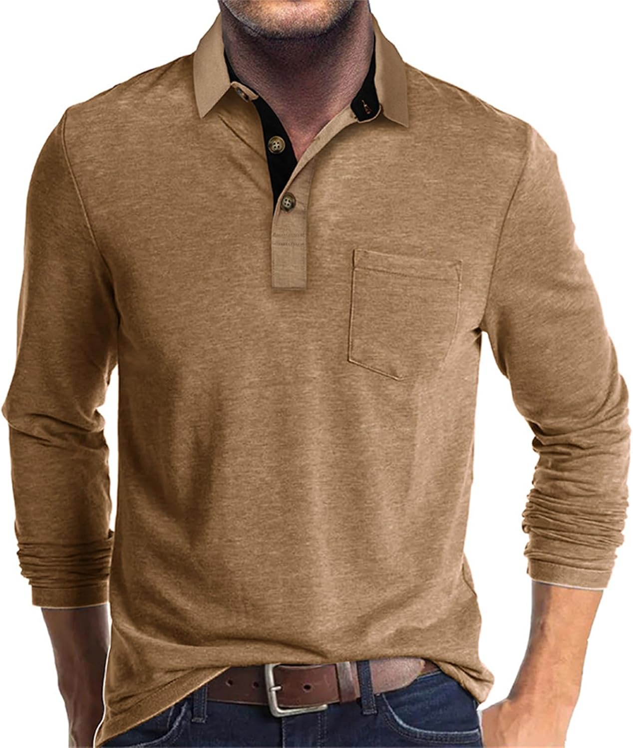 Mens Long Sleeve Polo Shirts Casual Moisture Wicking Golf Polo Shirts with Pocket