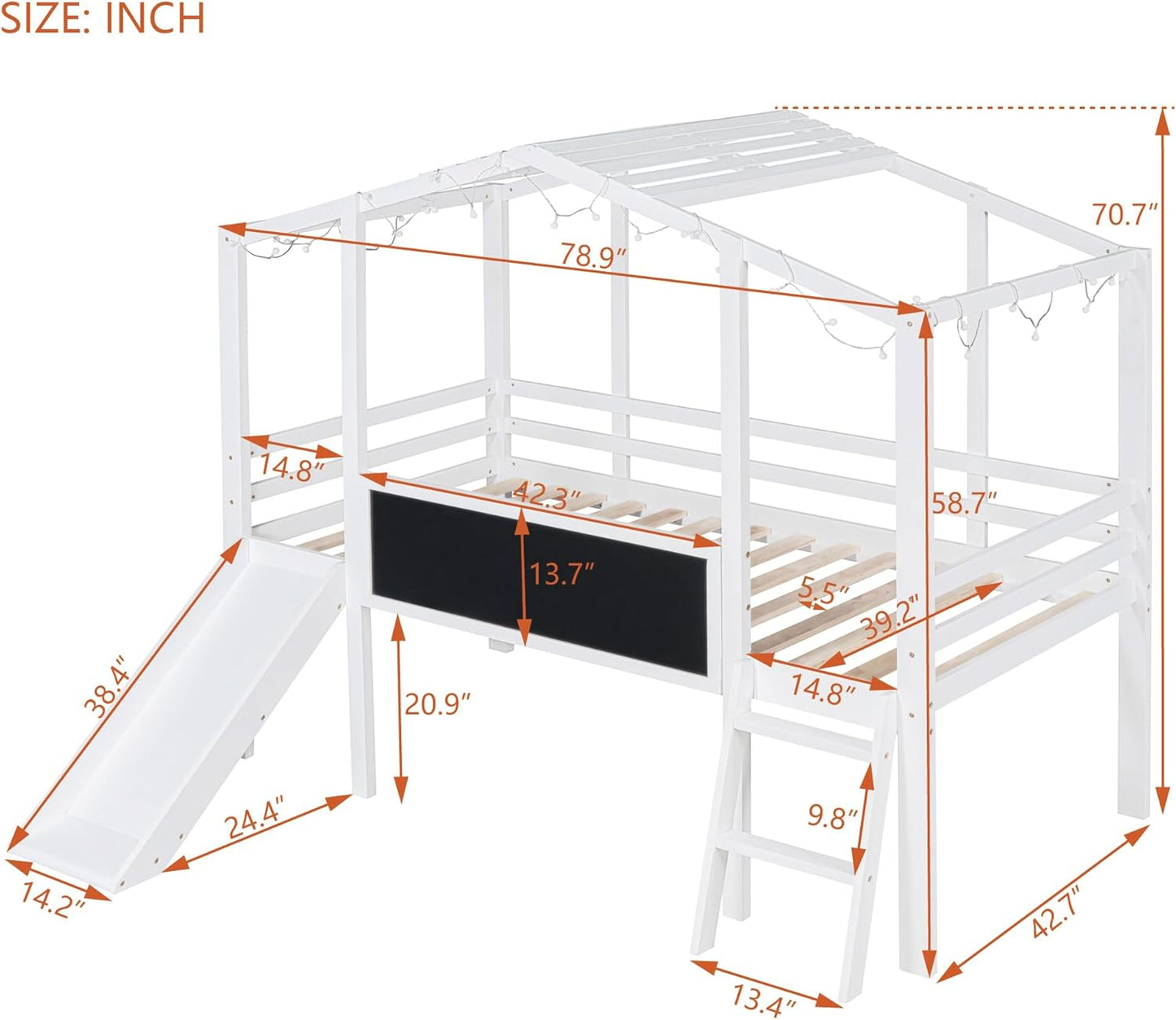 Ball & Cast Twin Size House Loft Bed with Ladder and Slide,Wood Bunkbed w/Blackboard and Light Strip on The Roof,Slat Support,Space Saving,Bedroom Furniture for Student Dorms,White
