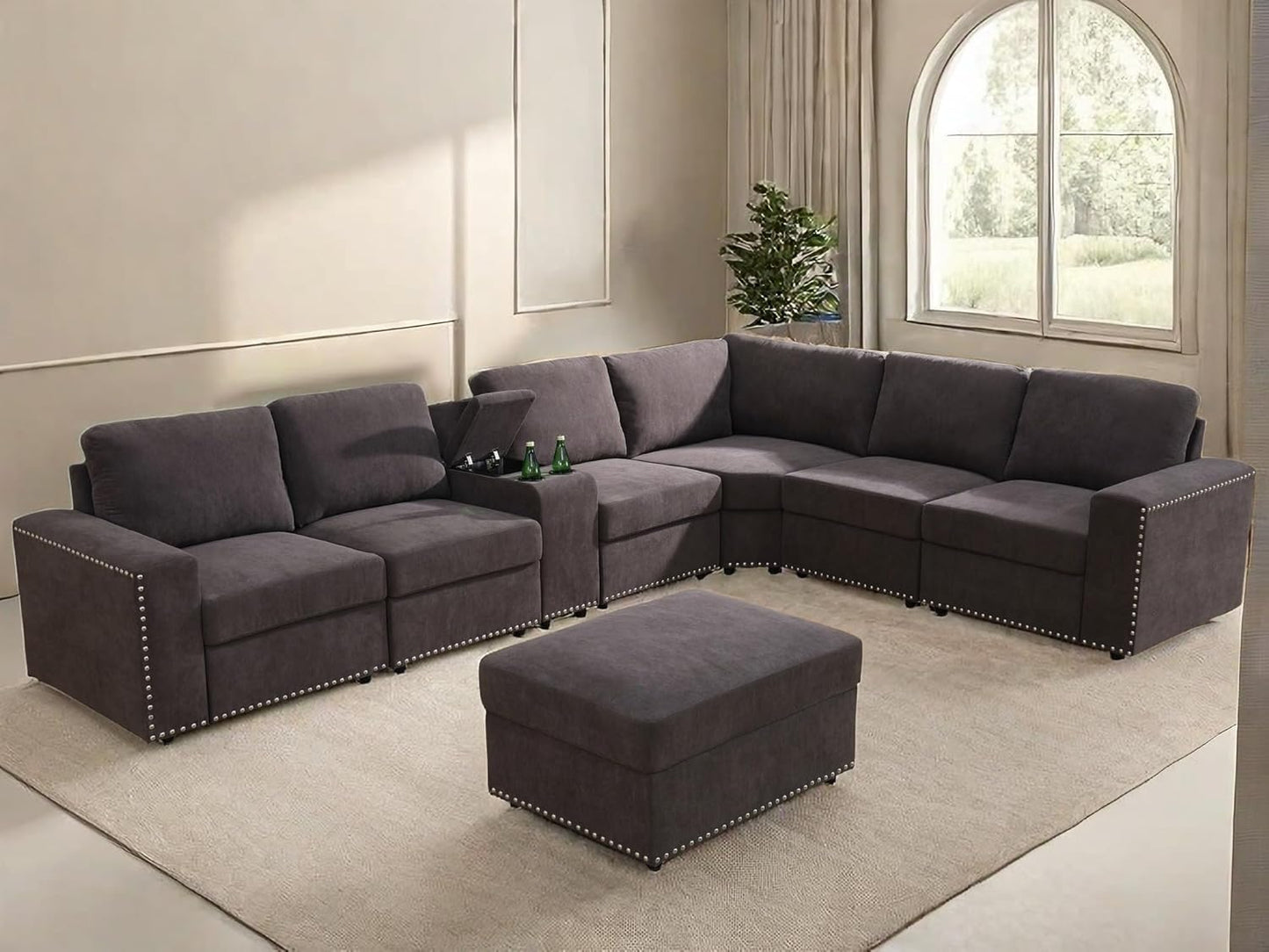 Sectional Couches for Living Room, Modular Sectional Sofa with Ottoman, Modern Nail-Head Design Large Corner L Shaped Couch with Cup Holder for Bedroom, Brown