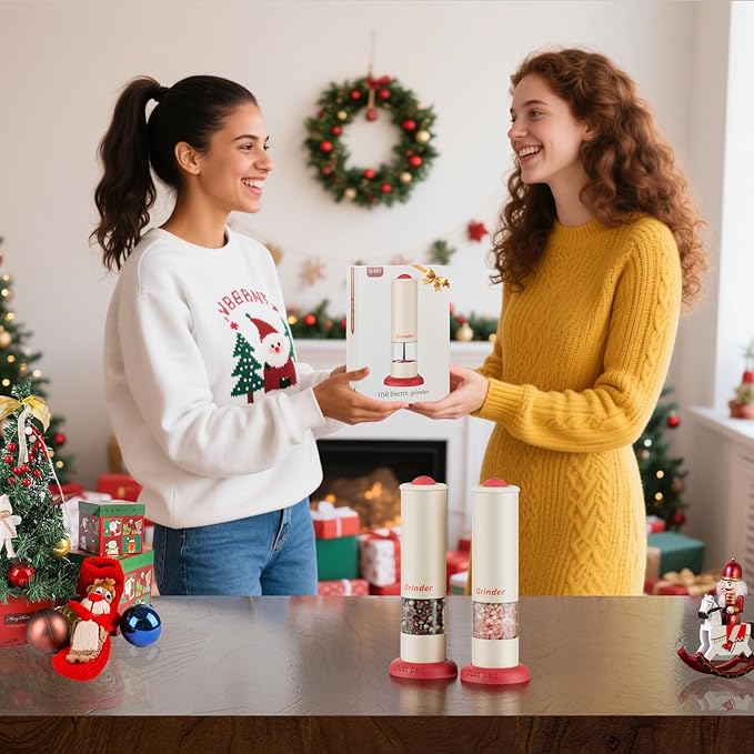 Christmas Gift/Deal Electric Salt and Pepper Grinder Set, USB Rechargeable Adjustable Coarseness Automatic Salt Pepper Mill Shakers/Grinder Kitchen Spice Mill, Home Chefs Idea for House Warming