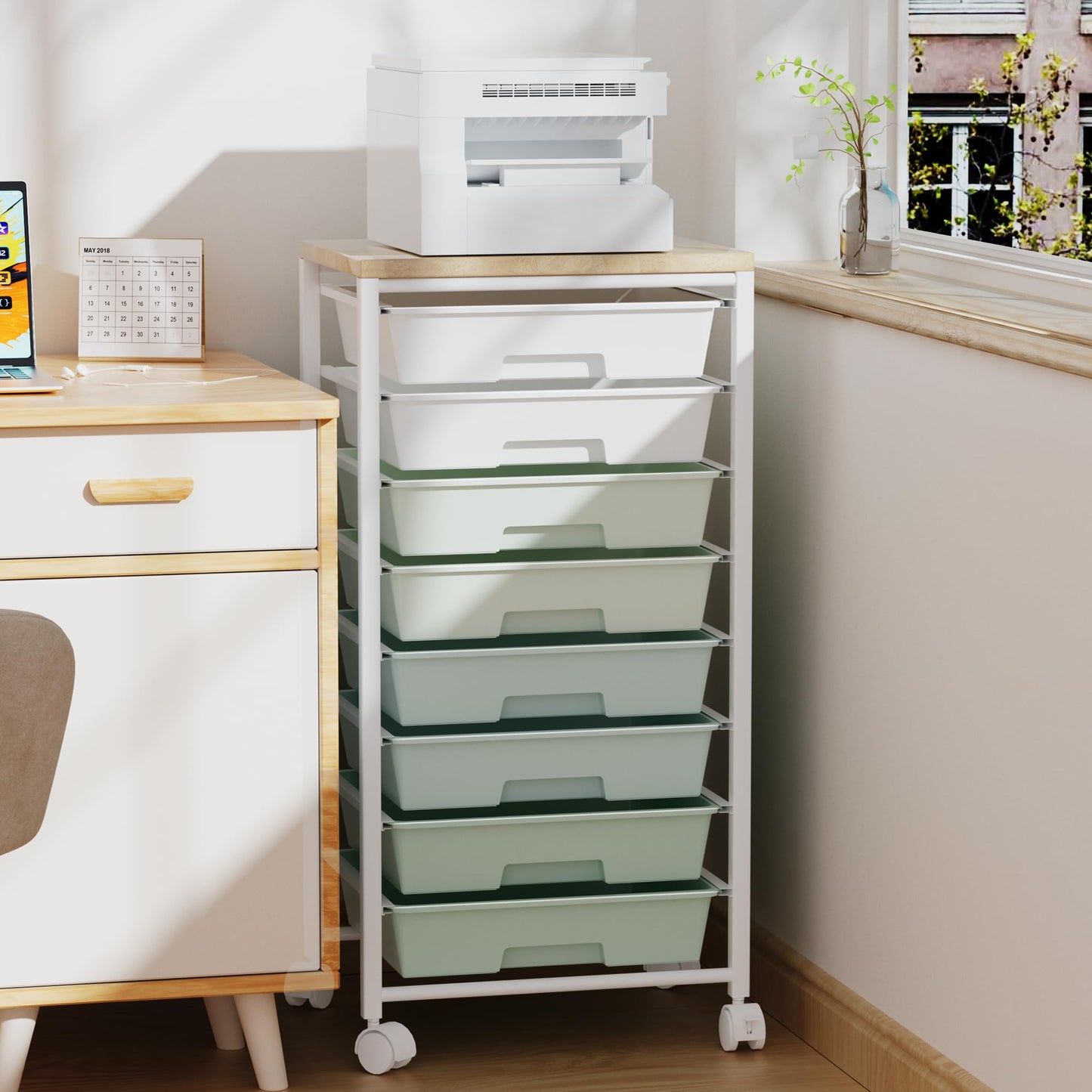 Rolling Cart with 8 Drawers, Storage Drawers Cart with Wooden Tabletop and Lockable Wheels, Craft Storage for Living Room, Office, Classroom, Craft Room, Bedroom