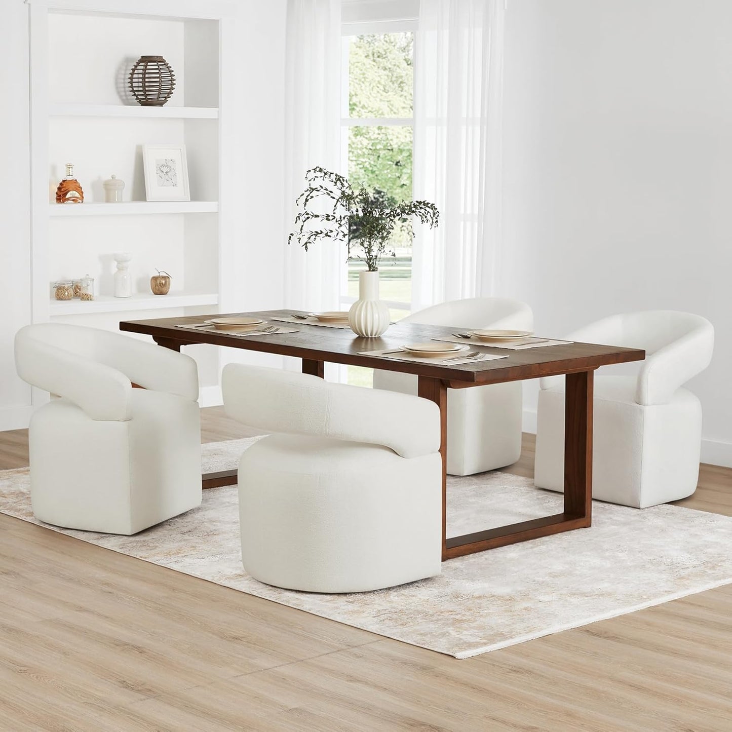 Upholstered Dining Chairs with Removable Casters Barrel Side Armchair with Rollers for Diningroom Bedroom Livingroom Reading Room, Ivory, 4PCS
