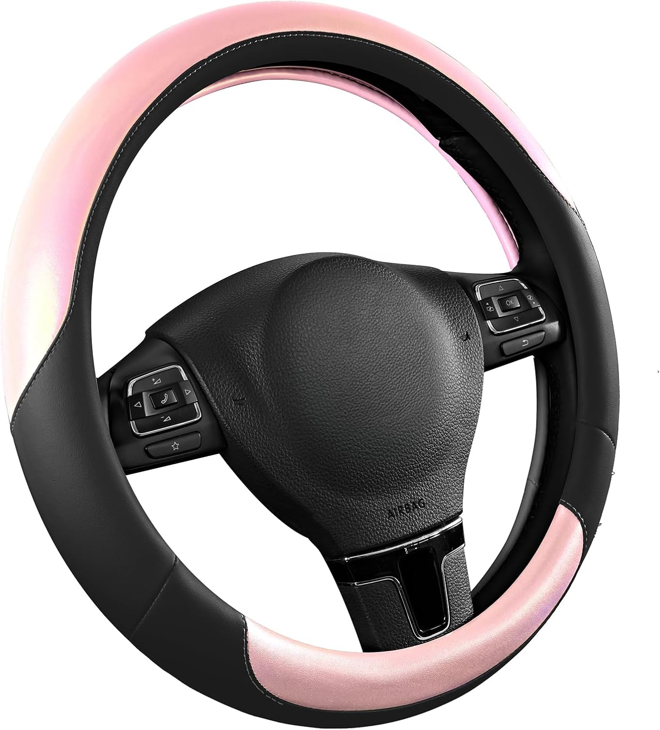 Road Comforts Steering Wheel Cover – Breathable Leather Steering Wheel Cover, Anti-Slip Grip, Universal Fit 14.5” to 15”, Heat & Cold Resistant for Cars, SUVs, and Trucks – Black & Shining Pink