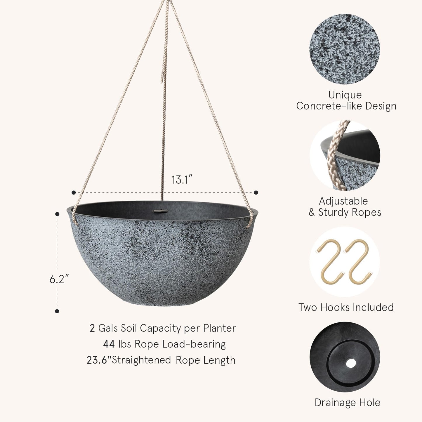 LA JOLIE MUSE Large Hanging Planters for Outdoor Plants - 13 Inch Hanging Flower Pots with Drainage Holes, Set of 2, Rock Grey