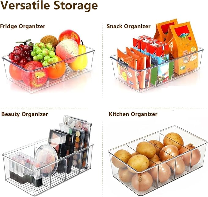 Pantry Organizers and Storage - 4 Pack Kitchen Organizers and Storage for Fridge,Drawer and Refrigerator - Spice Organization for Cabinet,Clear Plastic Stackable Bins for Snack Organizer