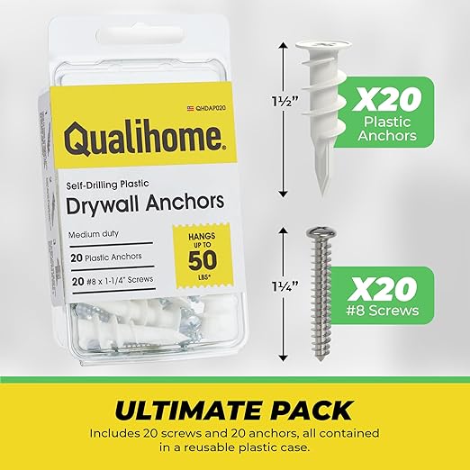 Qualihome Drywall Anchors with Screws – 40 Piece Set (20 Anchors + 20#8 x 1-1/4" Screws) | Self Drilling Drywall Anchors Heavy Duty | Wall Anchors for Drywall | Plastic Screw Anchor Kit
