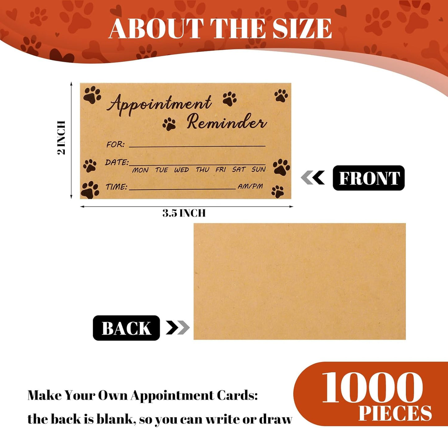 Seajan 1000 Pcs Pet Grooming Appointment Cards Bulk Paw Prints Appointment Reminder Cards for Dog Grooming, Pet Care, Client Business, Hair Salon, Dental Office, Massage Therapist and More, Brown