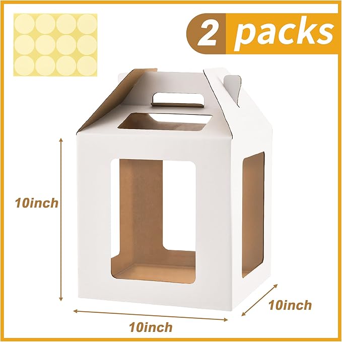 Tall Cake Boxes 6 Windows with handle,10x10x10 Tall Cake Carrier, Tiered Cake Box, Square cake box,largeTake Out Transport Containers Ideal for 10" & 12" Tiered Cakes (2Pack-White)