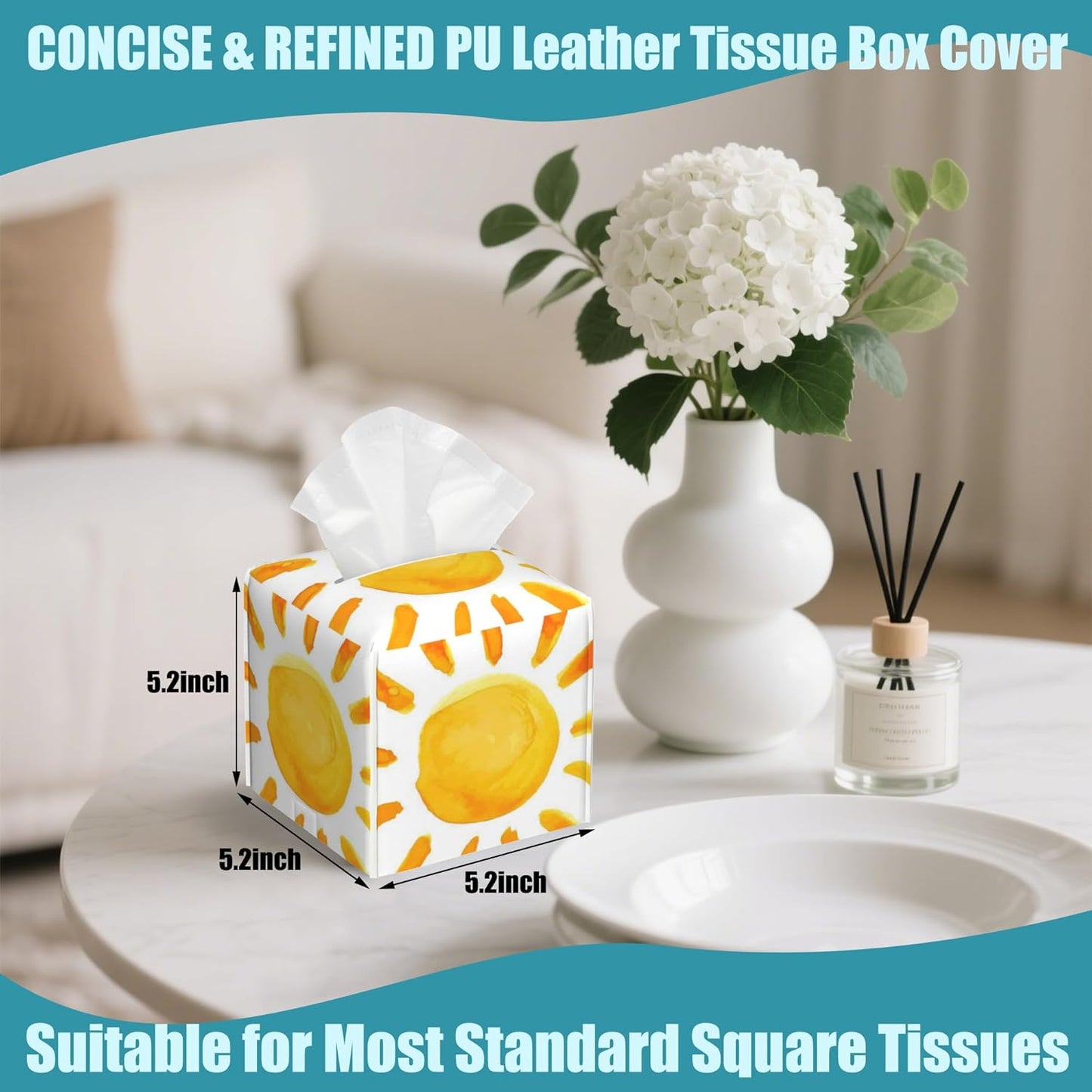 Watercolor Sun Tissue Box Cover Square,Sunlights Leather Tissue Holder,Waterproof Leather Facial Paper Organizer Tissue Box Cover for Home Office Bathroom Vanity Countertop,5.2" x 5.2" x 5.2"