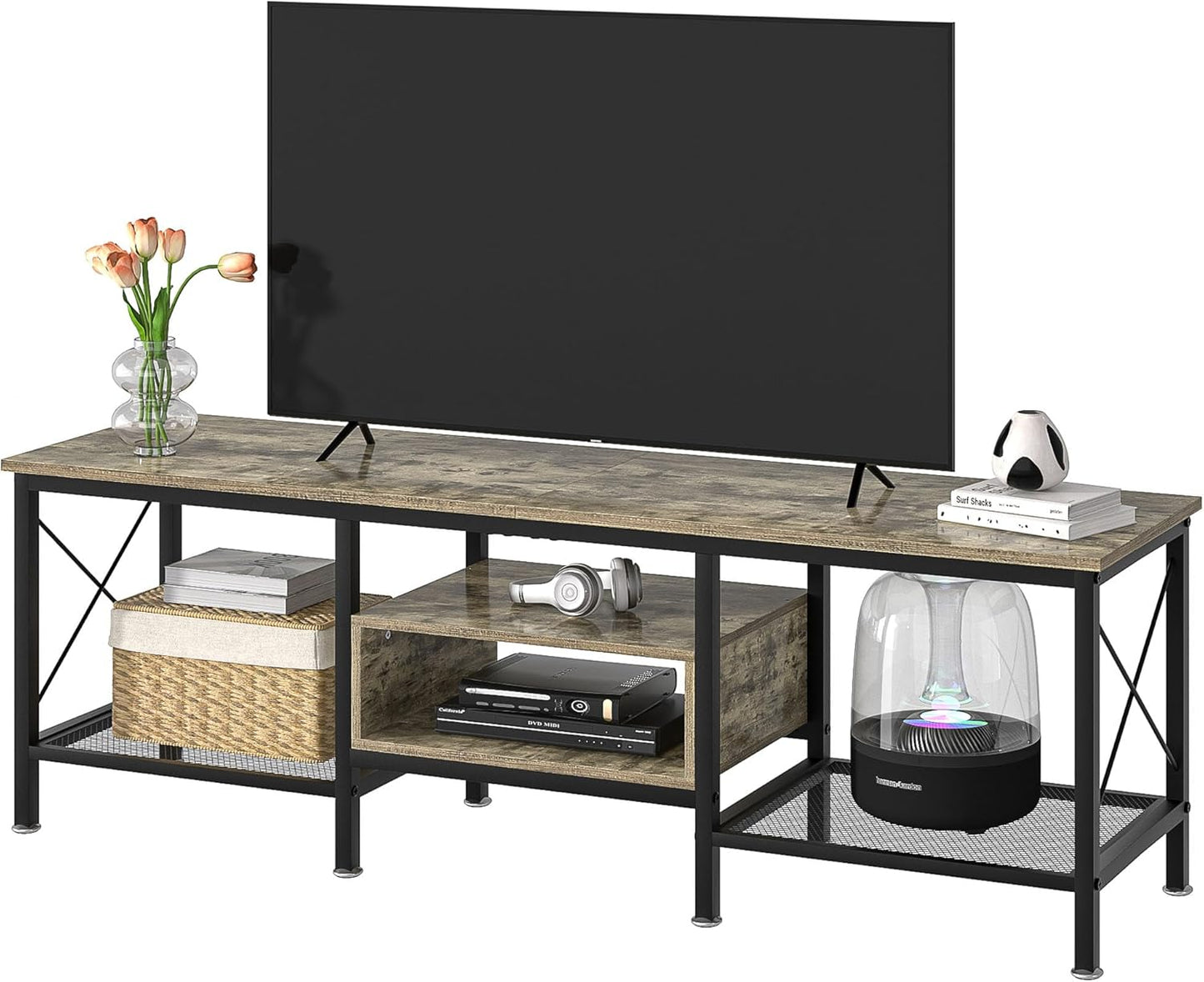 VECELO Industrial TV Stand for 75 Inch Television Cabinet 3-Tier Console with Open Storage Shelves, Entertainment Center Metal Frame for Living Room, Bedroom, 70 Inch, Light Grey