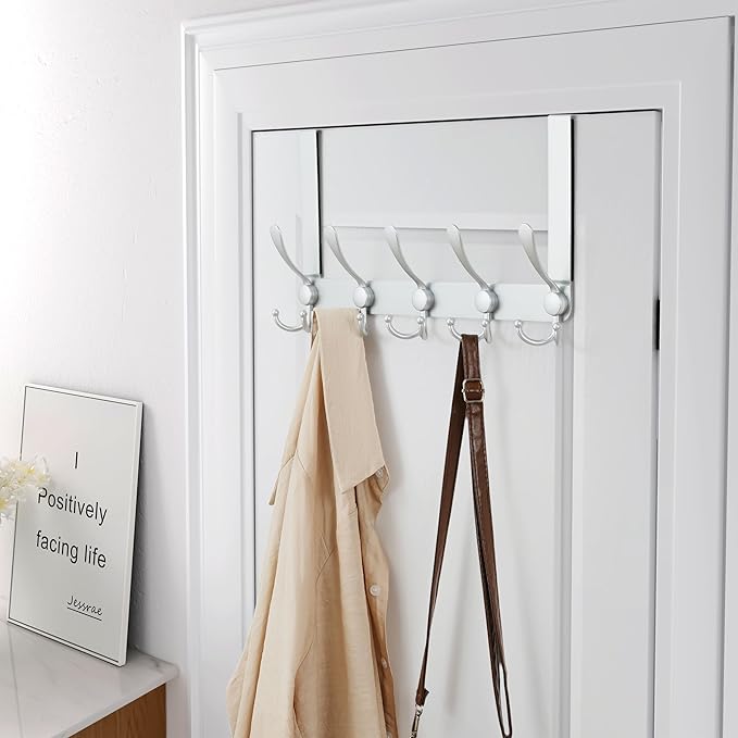 Dseap Over The Door Hook Hanger - 5 Tri Hooks, Heavy Duty Over The Door Towel Rack Coat Rack for Clothes Hat Towel, Silver, Pack of 2