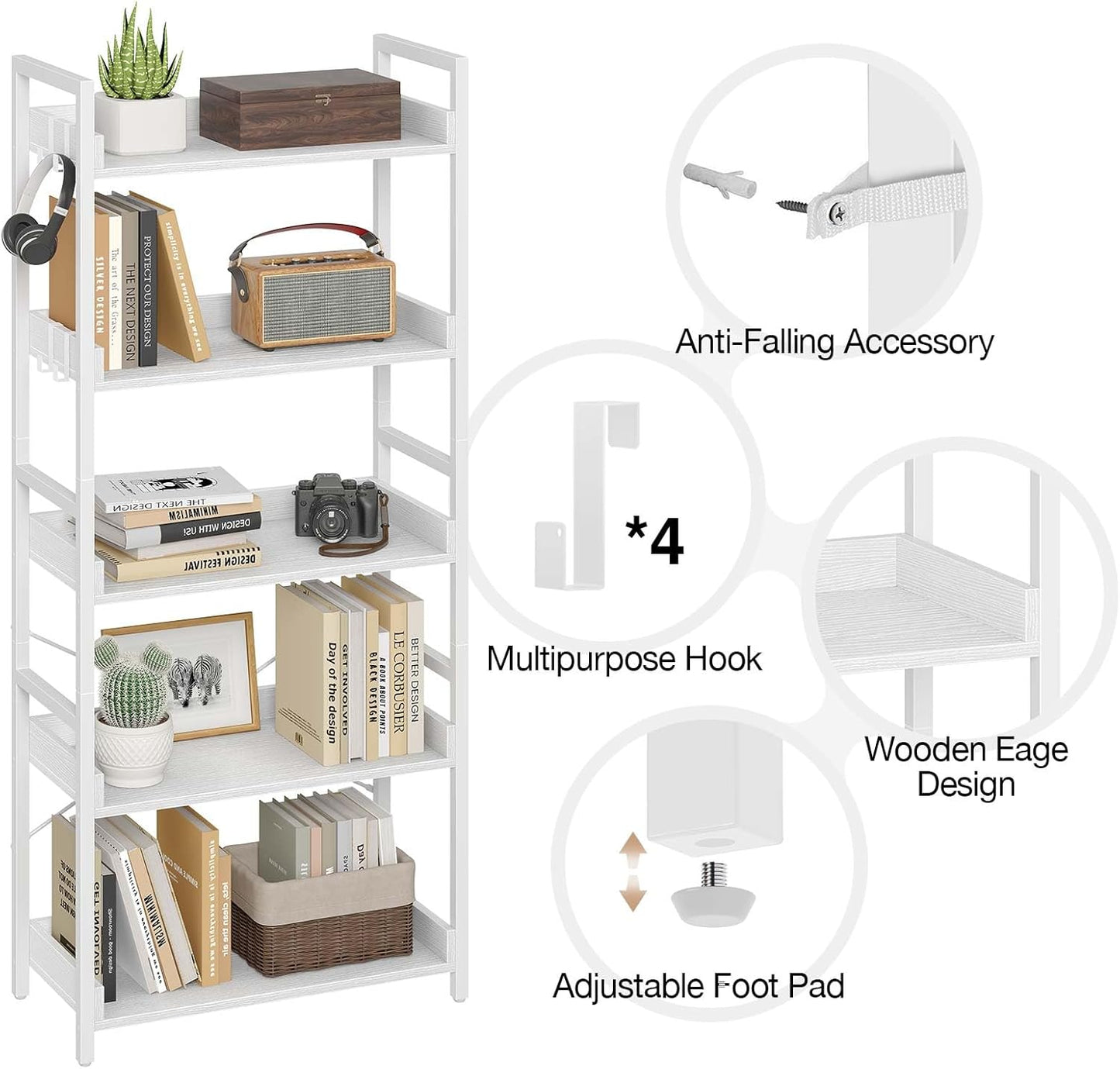 Rolanstar Bookshelf 5 Tier with 4 Hooks, Industrial Bookcase, Vintage Storage Rack with Open Shelves, Rustic Standing Bookshelves Metal Frame Display Rack for Living Room, Bedroom, White