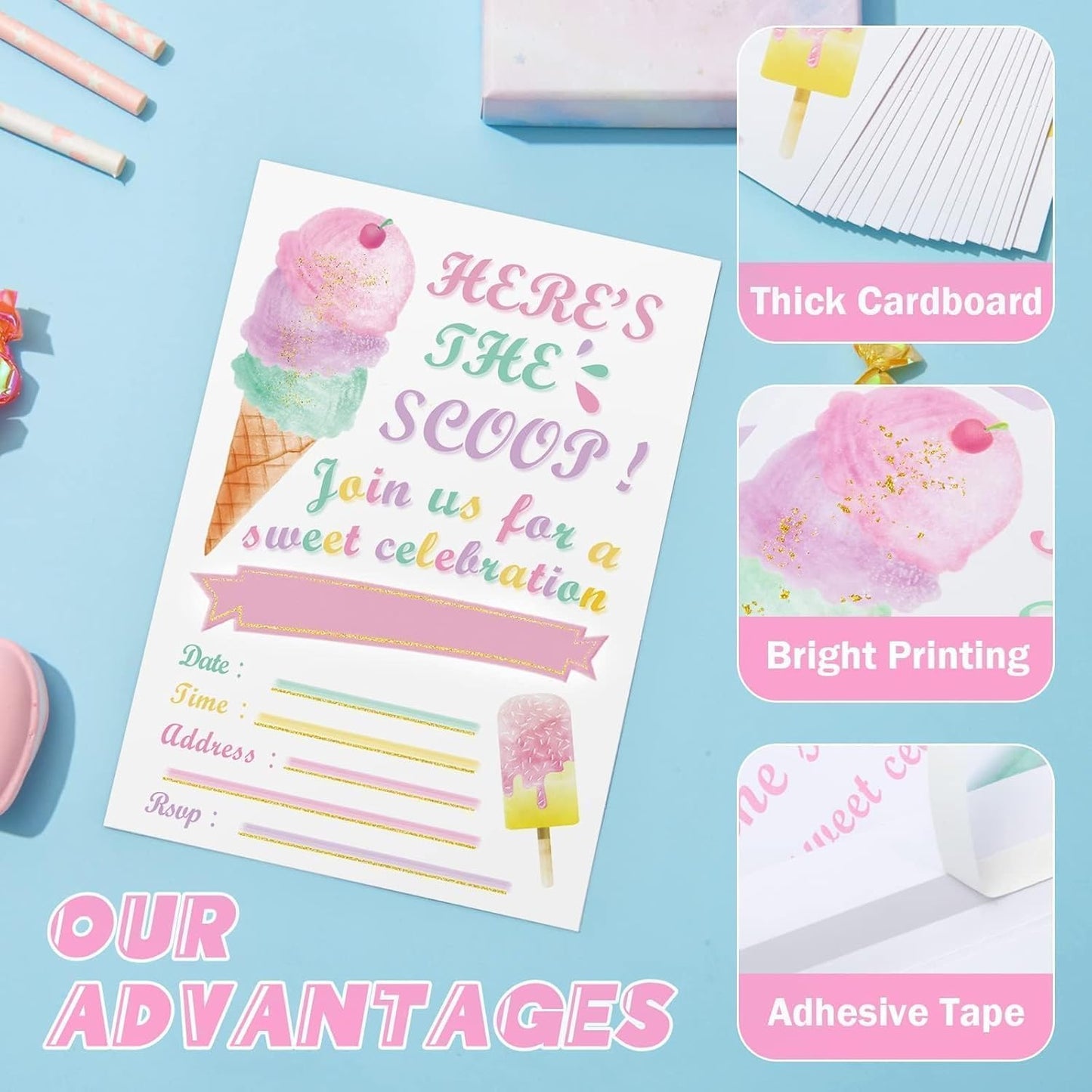 WERNNSAI Ice Cream Party Invitations with Envelopes -20 Sets Pink Ice Cream Birthday Invitations for Girls Sweet Popsicle Fill in Invite Cards for Baby Shower Wedding Party Supplies