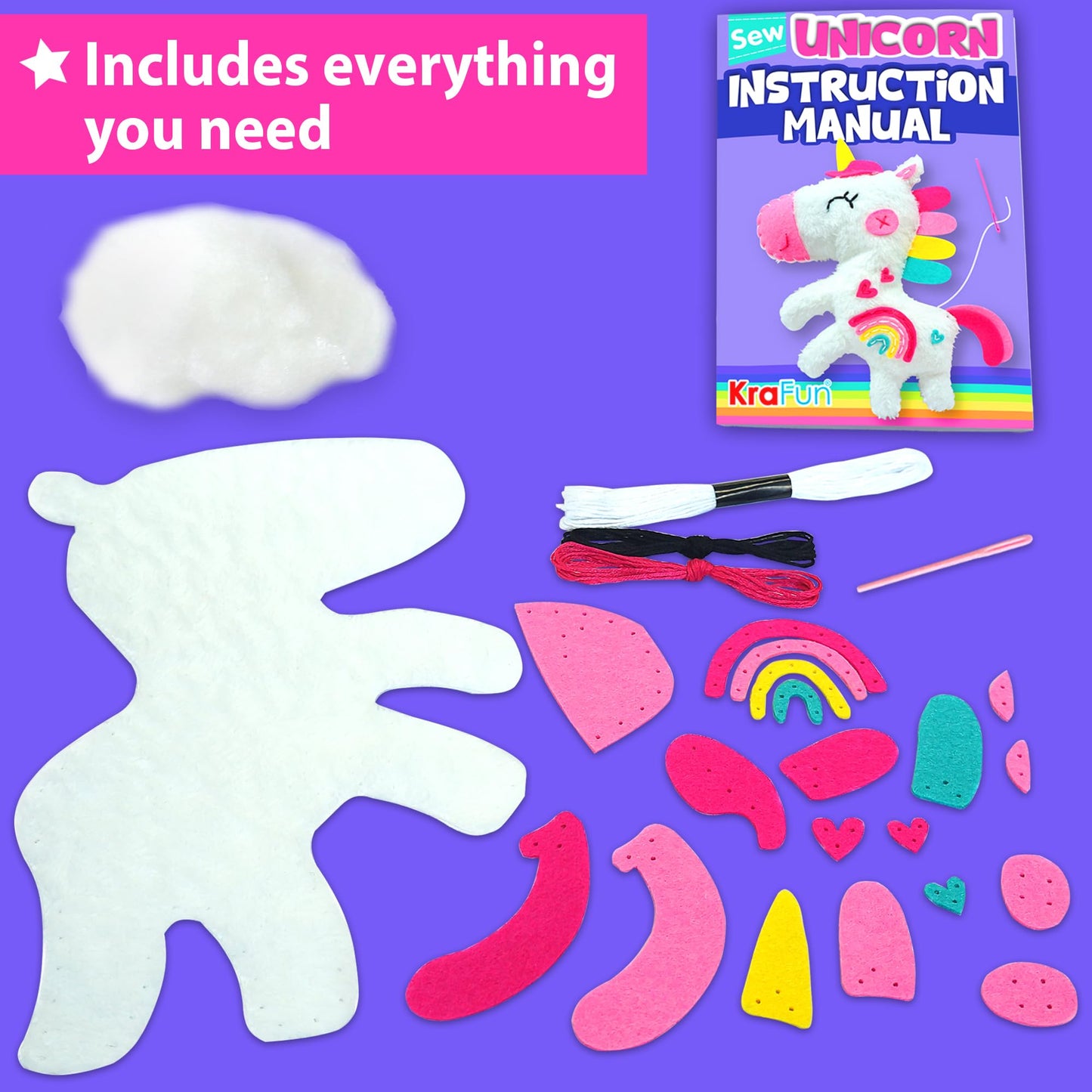 KRAFUN My First Sewing Kit for Kids Ages 6-10 Beginners | Learn to Sew Unicorn Stuffed Animal | Premium Thick Felt | Craft Gift for Girls & Boys