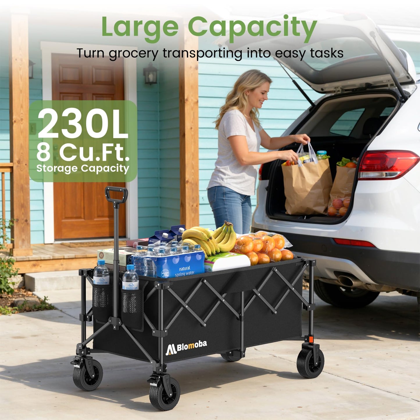 Blomoba Collapsible Wagon Cart, 330LBS Heavy Duty Folding Cart with Wheels 360° Rotation, Built-in Brakes, Flexible Handle, Portable Utility Wagon for Grocery Sports Garden Shopping Camping