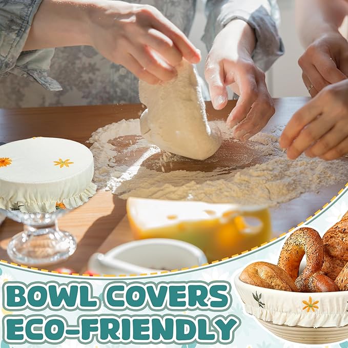 Patelai 10 Pcs Bowl Covers Reusable in 5 Size Stretch Cloth Fabric Elastic Food Storage Bowl Covers Bread Sourdough Lids for Proofing Food Fruits Leftover(Yellow, Green, White,Embroidery Daisy)