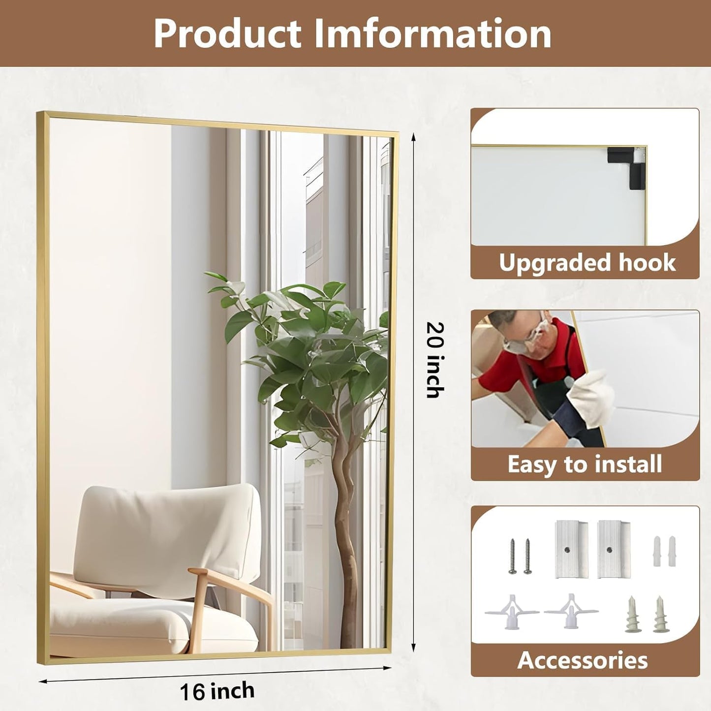 Gold Bathroom Mirror, 16"x20" Rectangle Mirror, Brushed Gold Mirror, Metal Frame Square Corner Vanity Mirror, Wall Mounted Mirror for Modern, Living Room, Bedroom, Horizontal Or Vertical