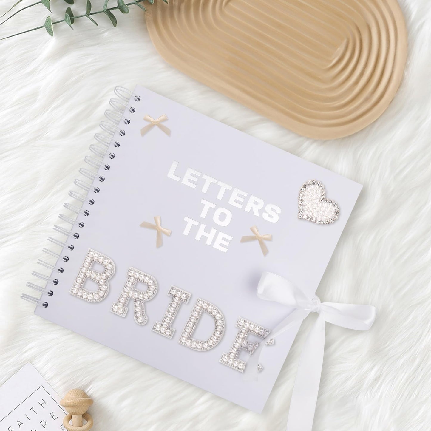 BINBE 8 x 8 Inch Letters to The Bride Scrapbook Kit DIY Blank Paper Scrapbook Photo Album Wedding Memory Book Bridal Guest Book Sign with Pearl Stickers, Letter Patches, Bows White
