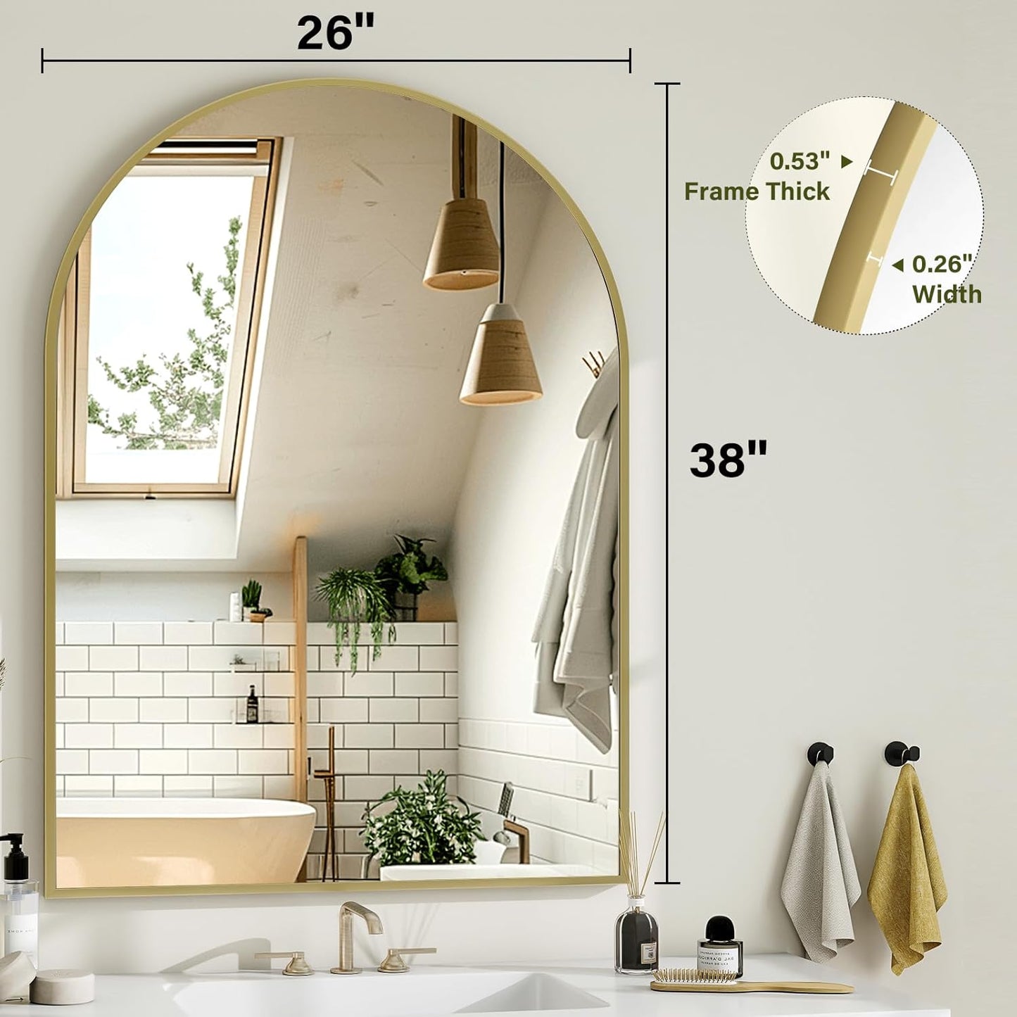 Arch Bathroom Mirror, 26x38 inch Arched Bathroom Mirror/Wall Mounted Vanity Mirror - Arch Metal Frame Wall Mirror for Bathroom Bedroom Living Room, Gold