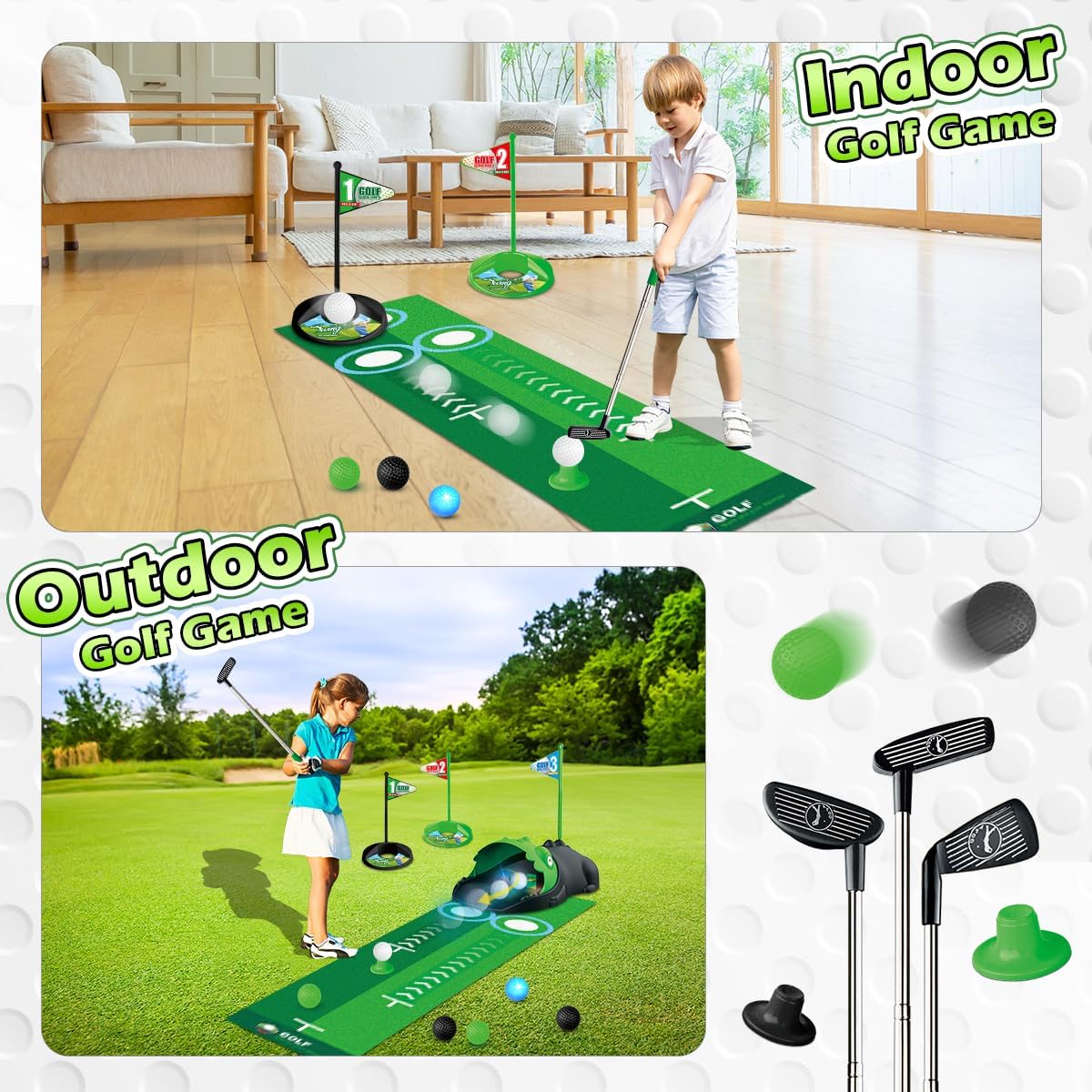 Upgraded Kids Toy Golf Set with Dinosaur Automatic Golf Returner, Led Light Up Night Golf Balls, 3 Clubs, Putting Mat, 3-8 Toddler Mini Golf Games, Indoor Outdoor Sports Toys for Boys Girls