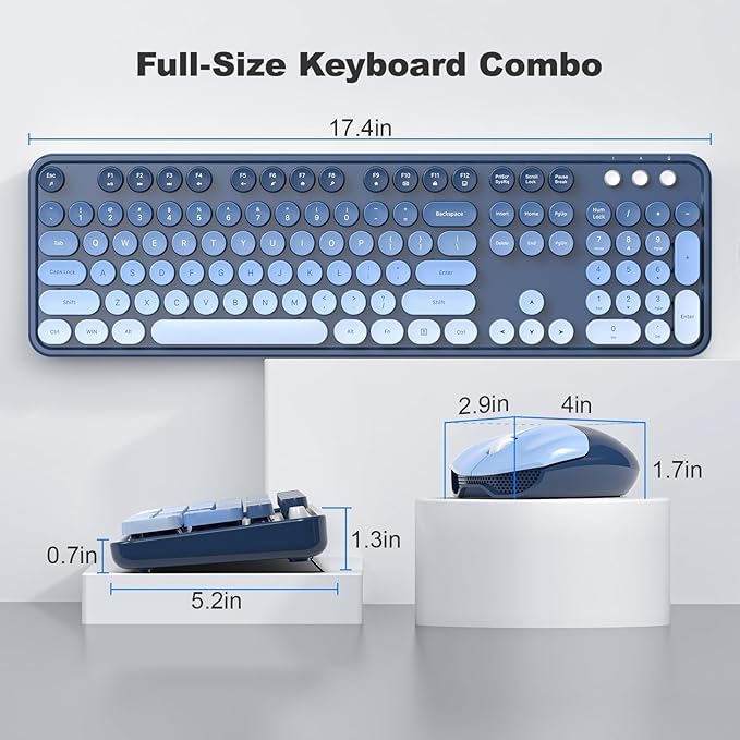 MOFII Wireless Keyboard and Mouse Combo, Full-Size Retro Typewriter Keyboard with Round Keycaps, Ergonomic Design for Windows 7 8 10 11 PC Laptop, Home and Office Use -Blue