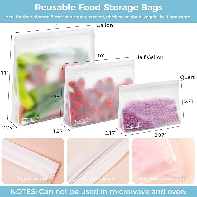 SPLF 8 Pack Dishwasher Safe Reusable Storage Bags (4 Half Gallon Freezer Bags, 4 Quart Sandwich Snack Bags), BPA FREE Stand Up Extra Thick Leakproof Silicone and Plastic Free Zipper Lunch Food Bags
