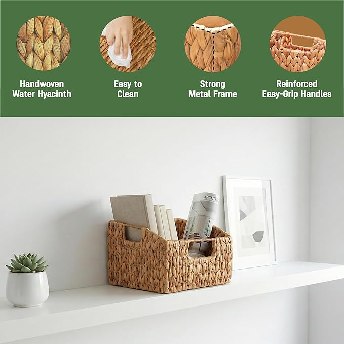 Wicker Pantry Basket Set of 2 – Handwoven Water Hyacinth Wicker Storage Baskets with Handles – Decorative Woven Baskets for Kitchen, Shelves & Organizing