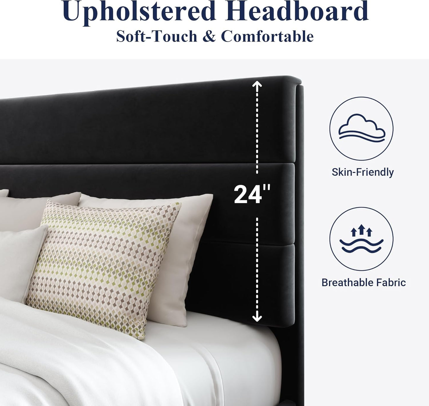 Allewie King Size Platform Bed Frame with Velvet Upholstered Headboard and Wooden Slats Support, Fully Upholstered Mattress Foundation/No Box Spring Needed/Easy Assembly, Black