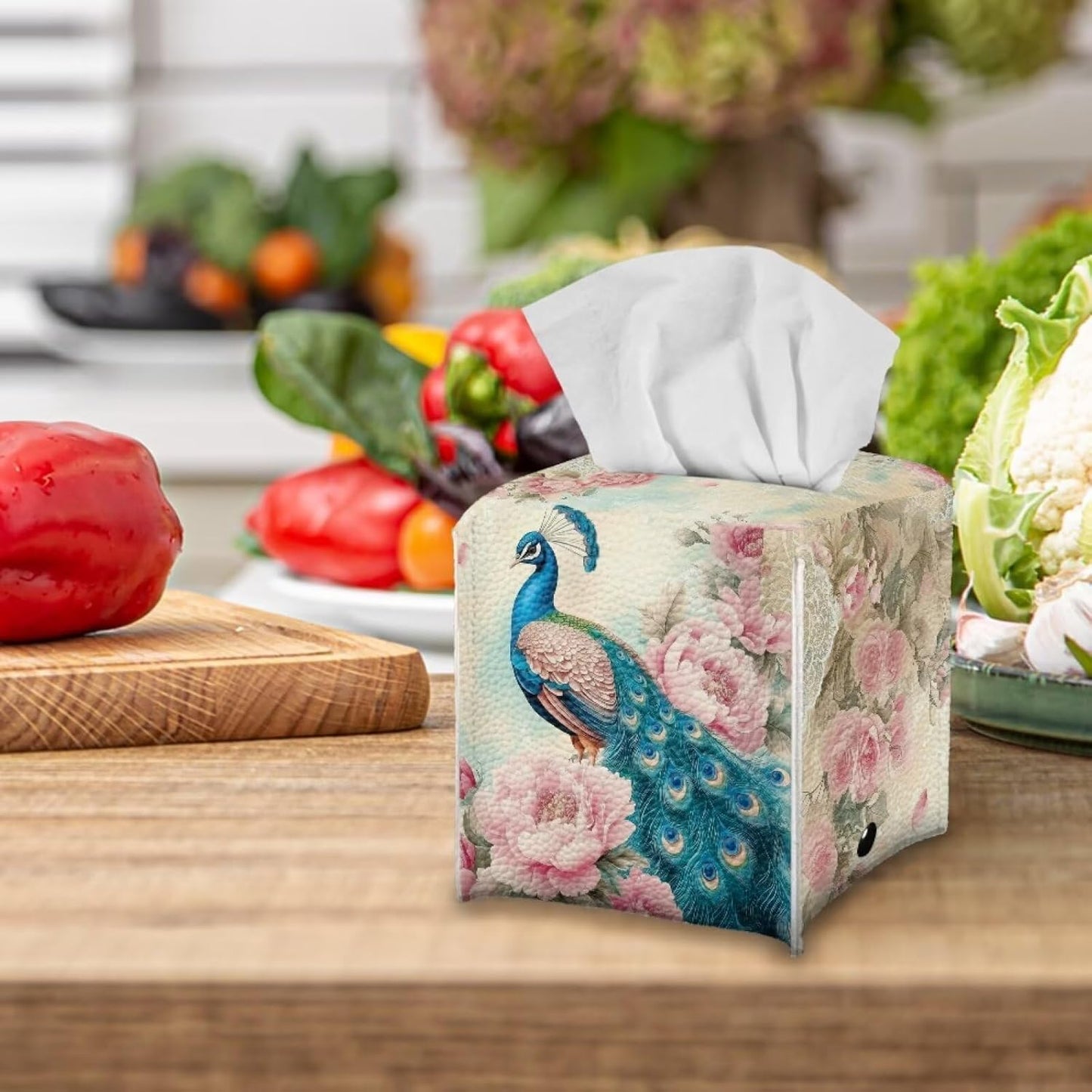 Peacock Tissue Box Cover Cube Leather Tissue Box Holder Waterproof Facial Paper Organizer 5x5x5 inch Mordern Home Decor Accessories for Bedroom Living Room