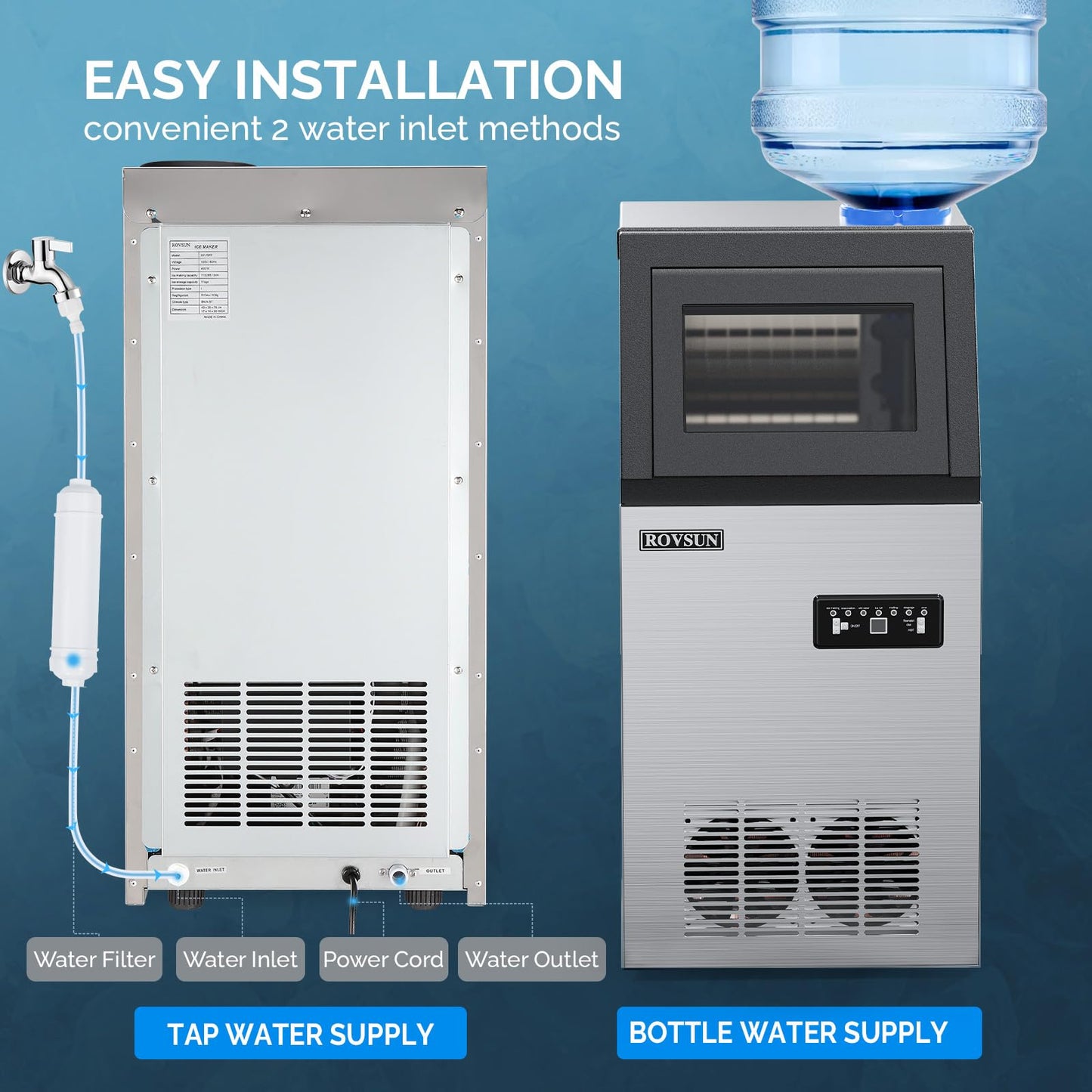 Rovsun 150Lbs/24H Commercial Ice Maker Machine With 2 Water Inlets, Undetcounter Ice Machine With 24Lbs Storage Bin, Ice Scoop &