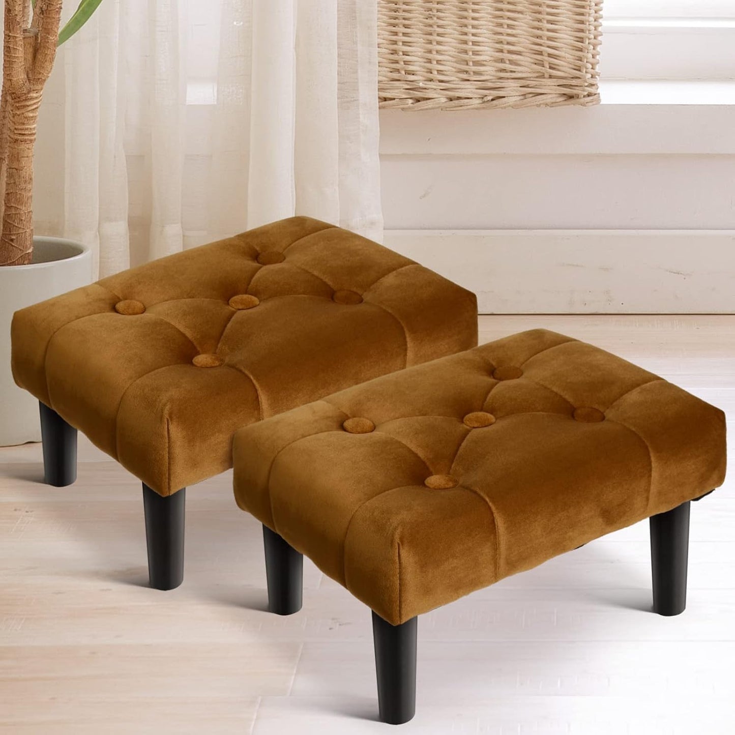 HOUCHICS Small Footstool Ottoman,Velvet Soft Footrest Ottoman with Wood Legs,Sofa Footrest Extra Seating for Living Room Entryway Office(Coffee 2PACK)
