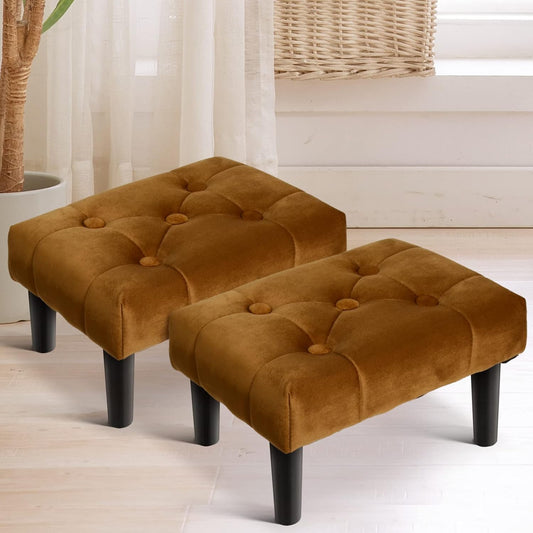 HOUCHICS Small Footstool Ottoman,Velvet Soft Footrest Ottoman with Wood Legs,Sofa Footrest Extra Seating for Living Room Entryway Office(Coffee 2PACK)
