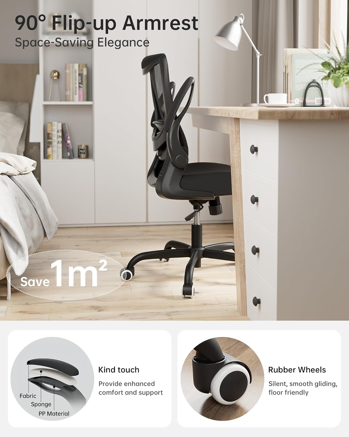 Office Chair, Ergonomic Desk Chair with Adjustable Lumbar Support and Flip up Armrest, Breathable Mesh Computer Chair for Home Office, Black