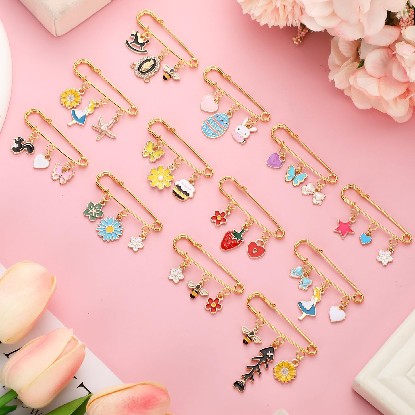 Tondiamo 131 Pcs Brooch Pins Making Kit Brooch Charms for Women Shirt Sweater Shawl Clips Bling DIY with 50 Pendants 50 Jump Rings and Tool Safety Pins with 3 Loops Bulk for Sock Pant Waist Tightener