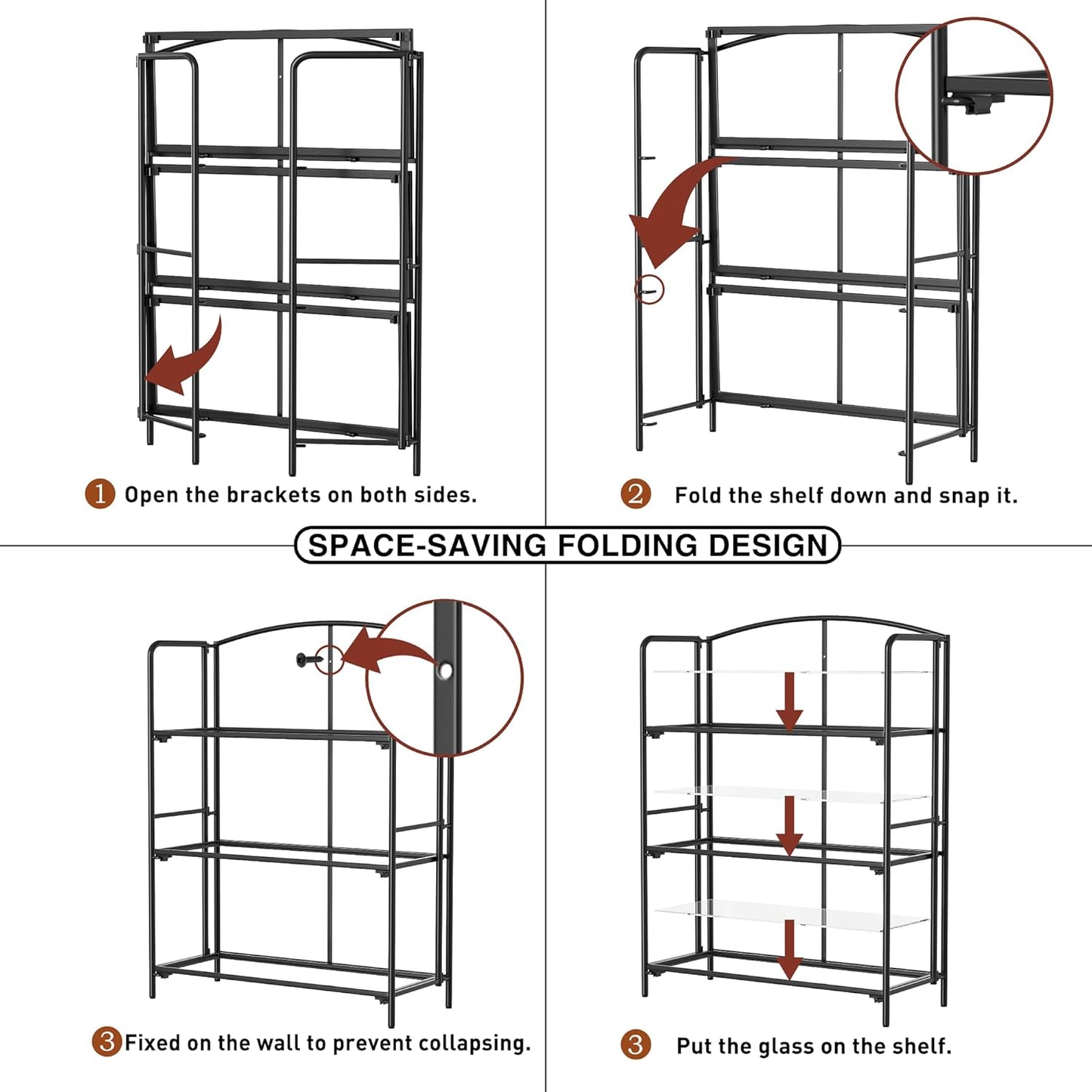 Crofy No Assembly Folding Bookshelf for Living Room, 3 Tier Black Collapsible Book Shelf for Home Office, Portable Bookcase Storage Organizer
