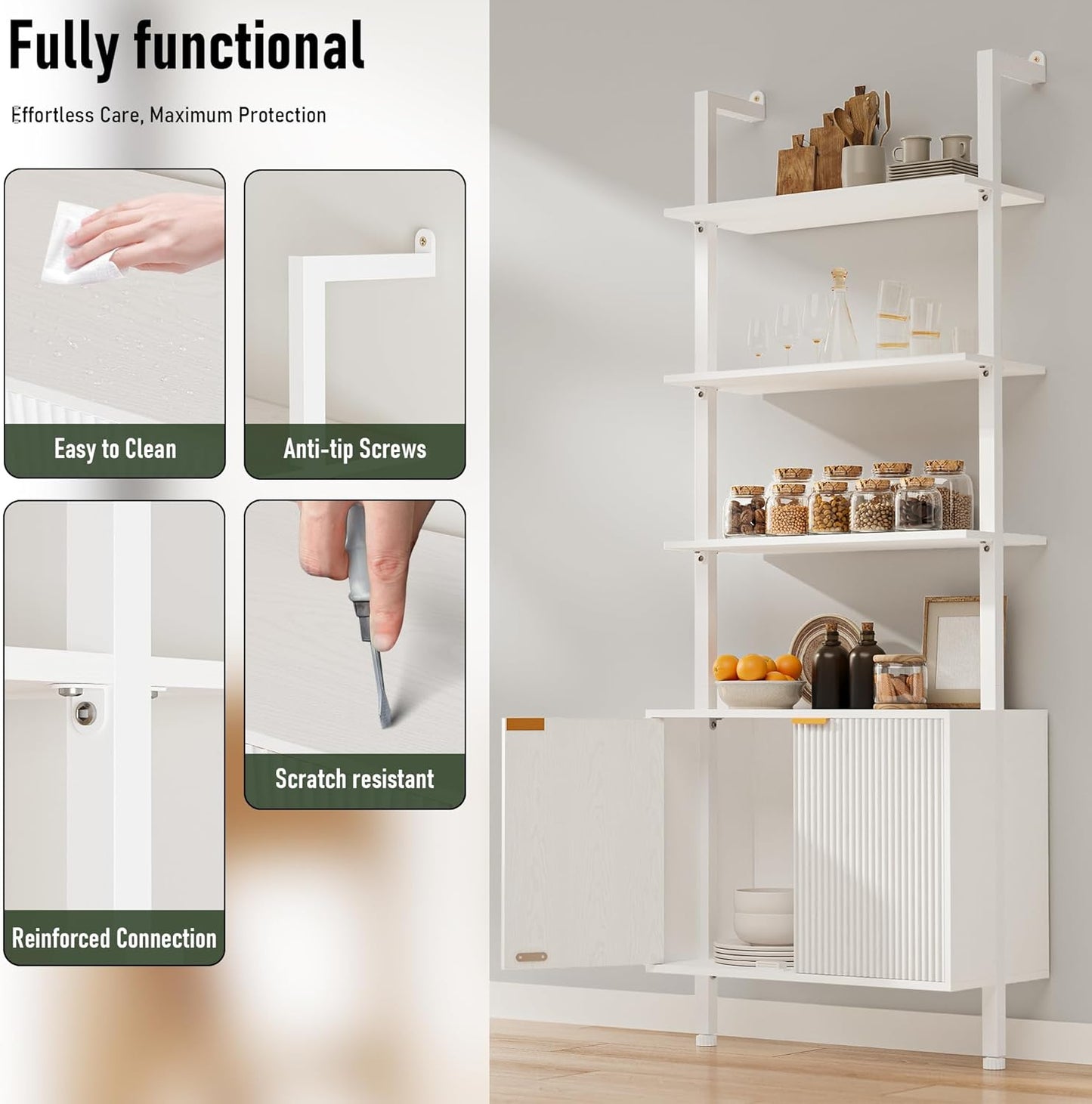 74" Tall Bookshelf with Storage Cabinet, Modern Ladder Shelf with Wood and Metal Frame, Wall Mount Bookcase Open Display Shelf Furniture for Living Room, Bedroom, Home Office, White
