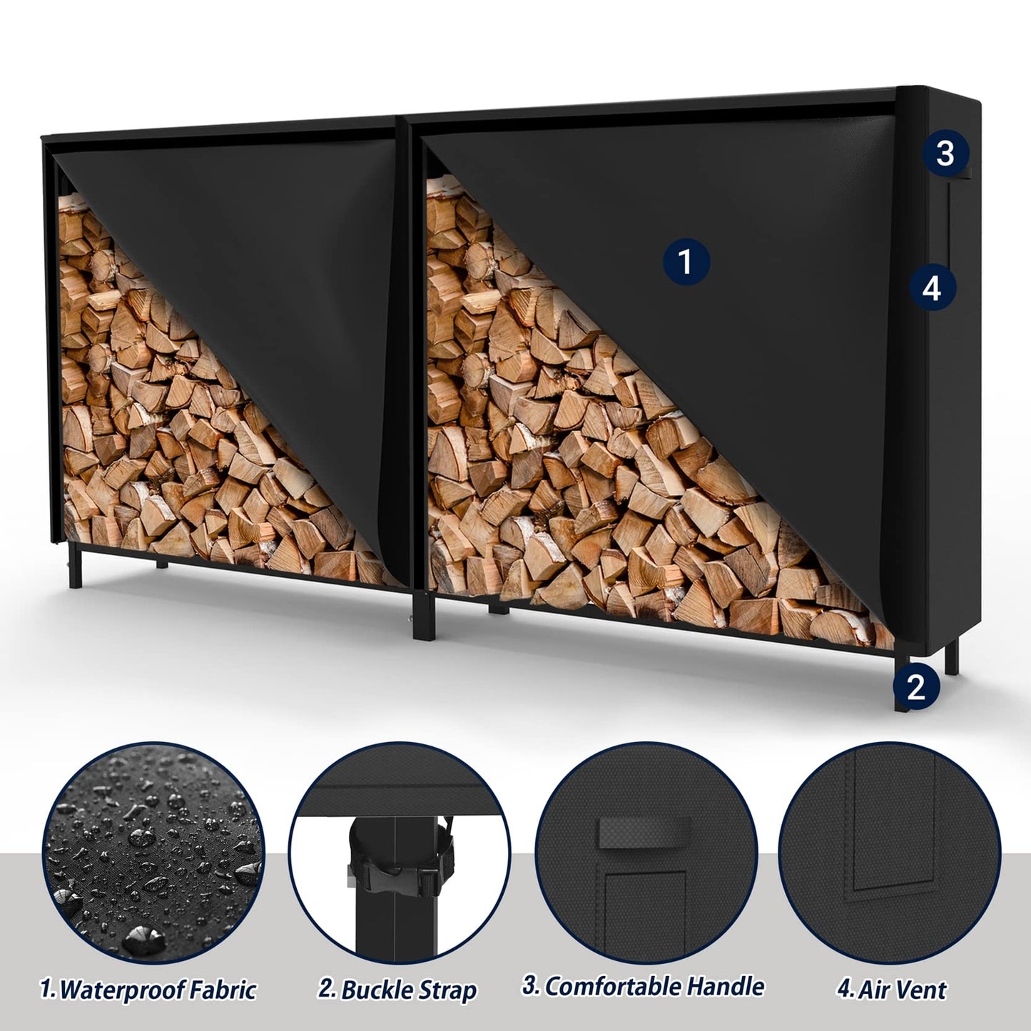 WALMANN 8ft Firewood Rack with Cover, Heavy Duty Firewood Rack With Weather Resistant 600D Oxford Fabric Cover, Indoor/Outdoor Wood Rack for Firewood
