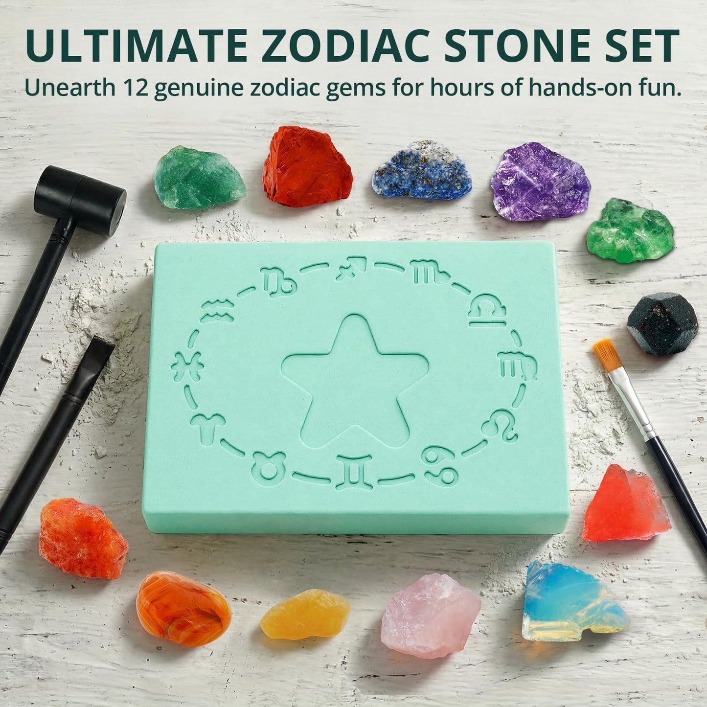 PIBEX Zodiac Stone Dig Kit, Excavate 12 Zodiac Gems & Crystals, DIY Birth Stone Necklace & Bonus Topaz Pendant, STEM Educational Geology Toy, Astrology Gifts for Kids 6-12, Tweens & Crystal Lovers