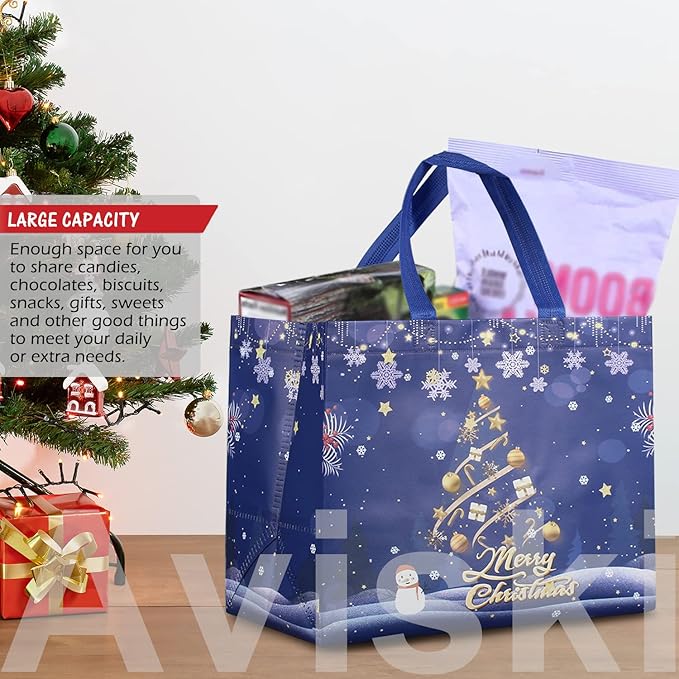 24PCS Christmas Tote Treat Non-Woven Gift Bags with Handles for Gifts Wrapping Shopping, Xmas Party Supplies, 12.8 * 9.8 * 6.7inch