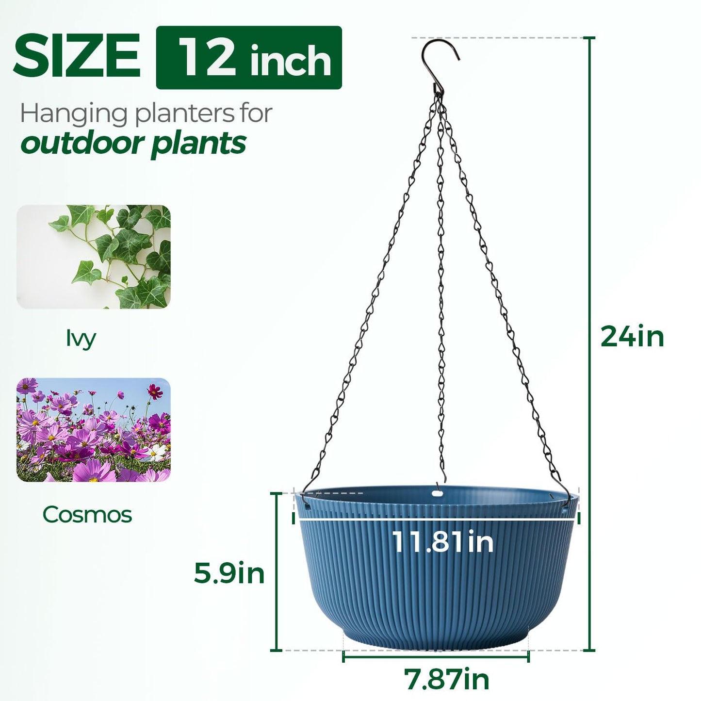 T4U 12 Inch Large Hanging Planters for Outdoor Plants, 2 Pack Self Watering Pots Indoor, Hanging Baskets for Plants,Hanging Flower Pot with Drainage Hole and Plant Hanger, Blue